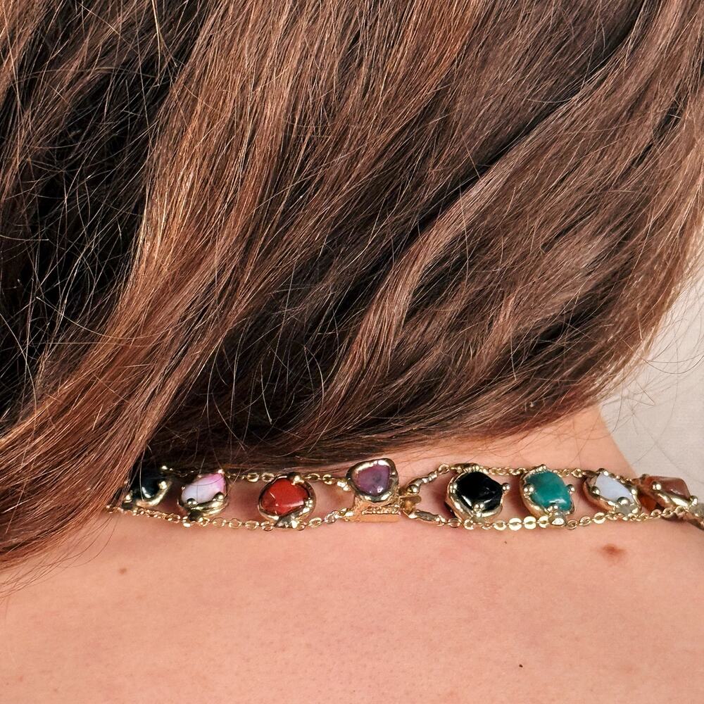 Teotihuacán Gemstone Collar, Gold-Plated Mexican Statement Necklace - Picture 4 of 4